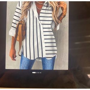 NoraCora back and white stripe tunic.  Long sleeve polyester/spandex